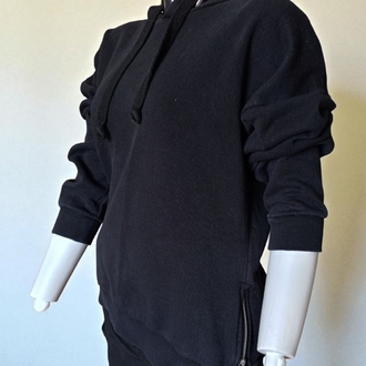 Yan Fermuarlı Siyah Kapüşonlu Sweatshirt