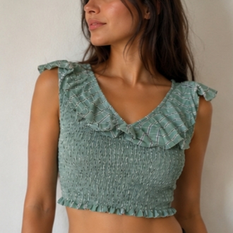 Yeşil Fırfırlı Crop Bluz