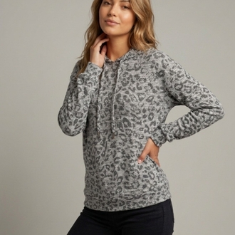 Gri Leopar Desenli Kapüşonlu Sweatshirt