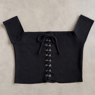 Kuşgözü Detaylı Bağcıklı Crop Bluz