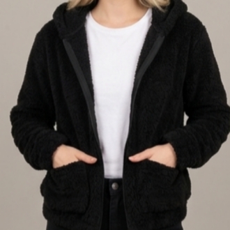 Siyah Kapüşonlu Peluş Mont/Sweatshirt