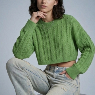 Yeşil Renk Örgü Crop Kazak
