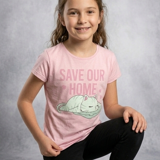 Pembe Renk Kedi Baskılı T-shirt
