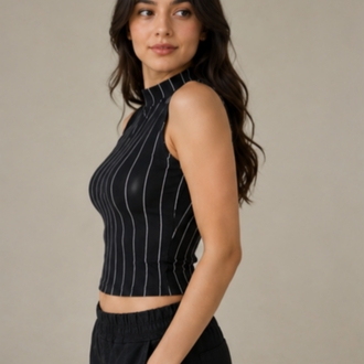 Siyah Beyaz Çizgili Kolsuz Crop Top