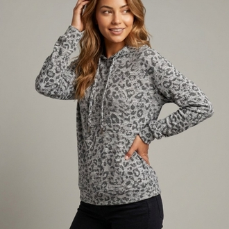 Gri Leopar Desenli Kapüşonlu Sweatshirt
