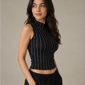Siyah Beyaz Çizgili Kolsuz Crop Top