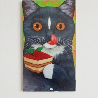 Pasta Yiyen Ahşap Sevimli Kedi Tablosu