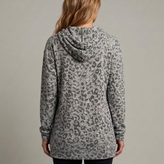 Gri Leopar Desenli Kapüşonlu Sweatshirt