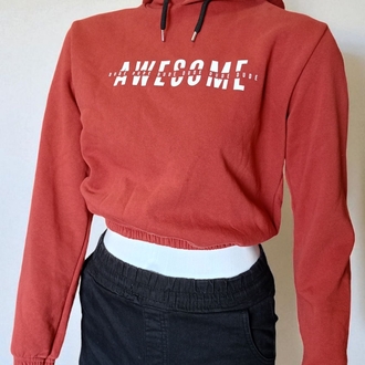 Baskılı Kapüşonlu Crop Sweatshirt