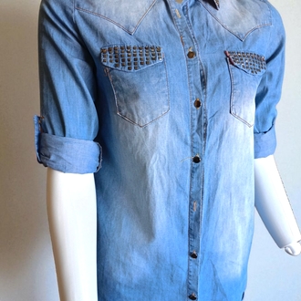 Taşlı Kot Denim Kadın Gömlek