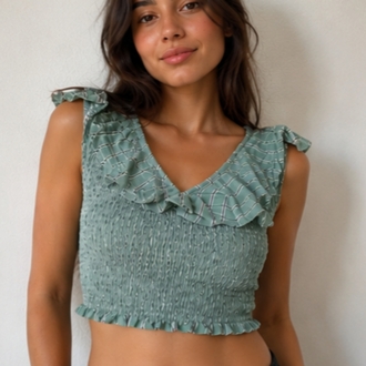 Yeşil Fırfırlı Crop Bluz