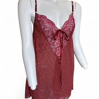 Bordo Dantelli İp Askılı Mini Gecelik Takım