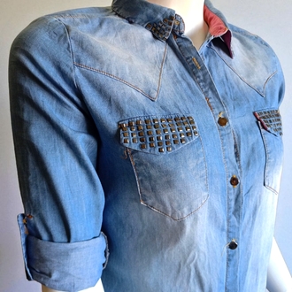 Taşlı Kot Denim Kadın Gömlek