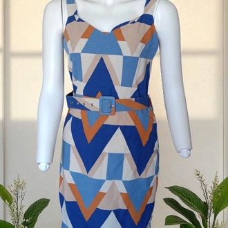 Geometrik Desenli Kemerli Mini Elbise