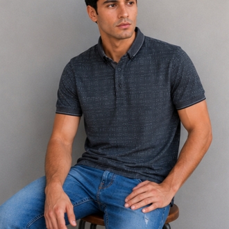 Koyu Gri Desenli Polo Yaka T-Shirt