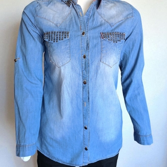 Taşlı Kot Denim Kadın Gömlek
