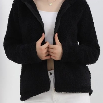 Siyah Kapüşonlu Peluş Mont/Sweatshirt