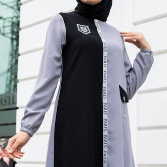 Yazı Detaylı Gri- Siyah Tunik