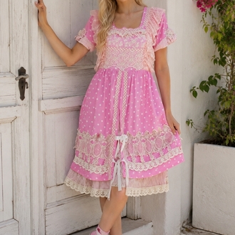 PEMBE PUANLI VİNTAGE ELBİSE 
