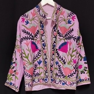 SUZANİ İŞLEMELİ KETEN CEKET, PEMBE 