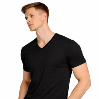 Siyah V Yaka Tişört Erkek %100 Pamuk | Slim Fit Basic T-Shirt