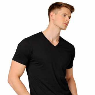 Siyah V Yaka Tişört Erkek %100 Pamuk | Slim Fit Basic T-Shirt