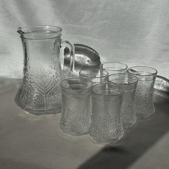 Vintage İşlemeli Cam Sürahi&Su Bardağı Seti