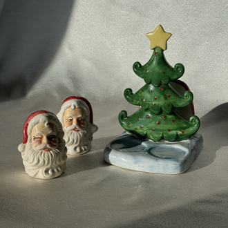 Vintage Noel Baba Figürlü Peçetelikli Tuzluk Seti
