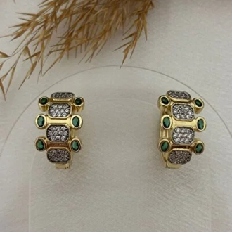14K Altın Kaplama Zümrüt Yeşili Taşlı Vintage Halka Küpe