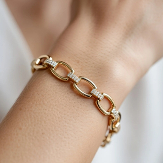 14K Altın Kaplama Zirkon Taş Detaylı Oval Zincir Gold Bileklik