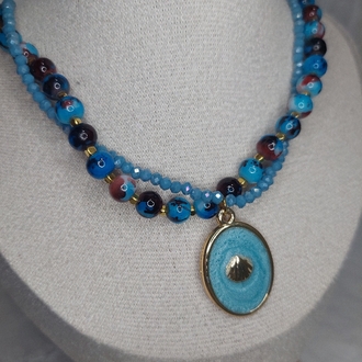 Cam ve kristal boncuklu, sedef uçlu kolye