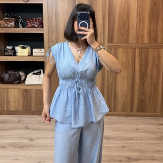 Bel Lastik Detay Çilek Bluz Pantolon Takımı - MAVİ
