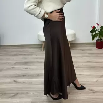 Çam Kesim Lastikli Saten Uzun Etek - KAHVERENGİ