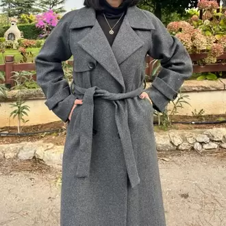 Çift Düğmeli Kemerli Kaşe Kaban - GRİ