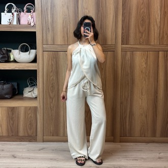 Keten Dokulu Bluz Pantolon Takım - NATUREL