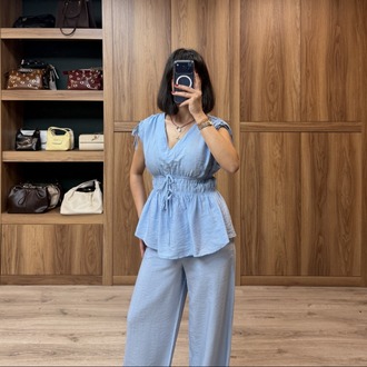 Bel Lastik Detay Çilek Bluz Pantolon Takımı - MAVİ