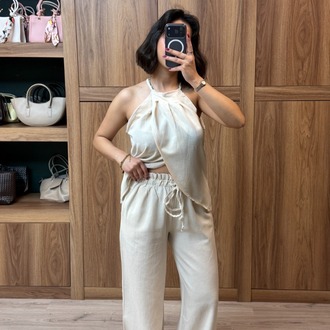 Keten Dokulu Bluz Pantolon Takım - NATUREL
