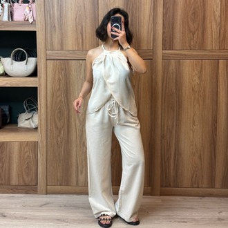 Keten Dokulu Bluz Pantolon Takım - NATUREL