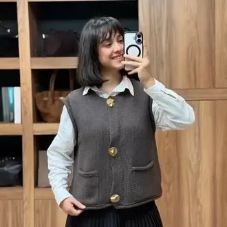 Büyük Düğmeli Triko Yelek - KAHVE