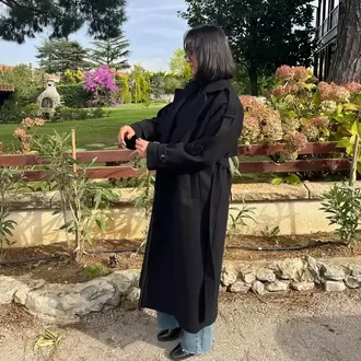 Premium Kaşe Kemerli Uzun Kaban - SİYAH