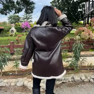 Kahve İçi Kürklü Deri Kaban