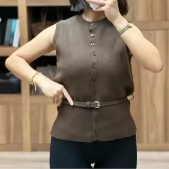 İnce Kemerli Triko Basic Yelek - KAHVERENGİ