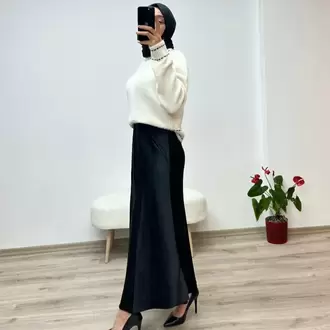 Çam Kesim Lastikli Saten Uzun Etek - SİYAH
