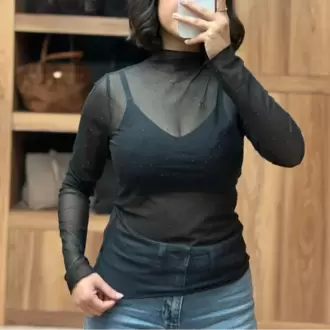 Siyah Taşlı Transparan Uzun Kollu Bluz