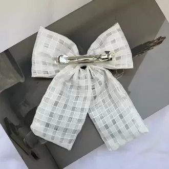 Desenli Kumaş Büyük Fiyonk Saç Tokası – Klipsli Model - BEYAZ