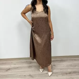 Zebra Desenli Saten Elbise - KAHVE