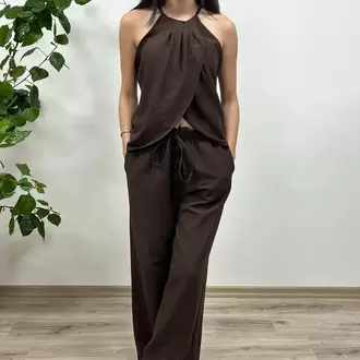 Keten Dokulu Bluz Pantolon Takım - KAHVERENGİ