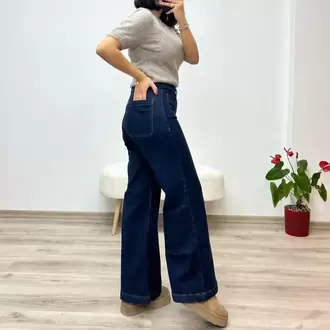 Bol Paça Yüksek Bel Denim Pantolon - KOYU MAVİ