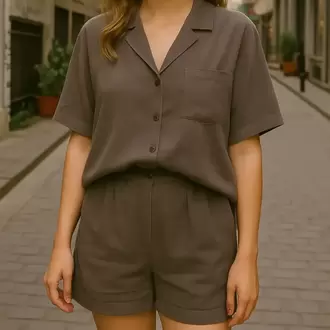 Kısa Kol Gömlek Şort Takım - KAHVE