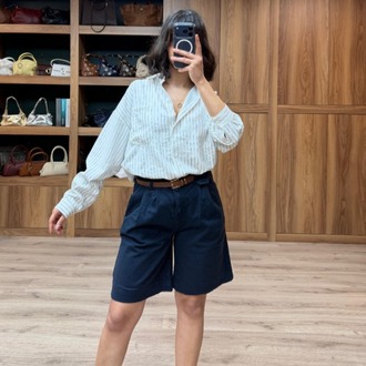 Beli Kemerli Licralı Gabardin Midi Boy Şort - LACİVERT
